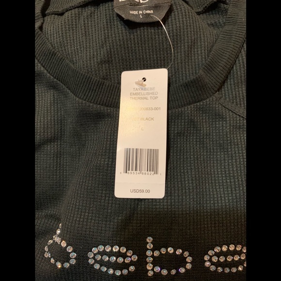 Bebe Logo Light Thermal Tie Waist Top Black Size L - Picture 6 of 8